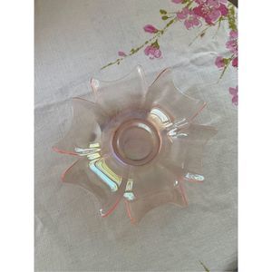 Vintage Iridescent Clear Carnival Glass Flower Candle Holder ~ Rainbow Floral Lo